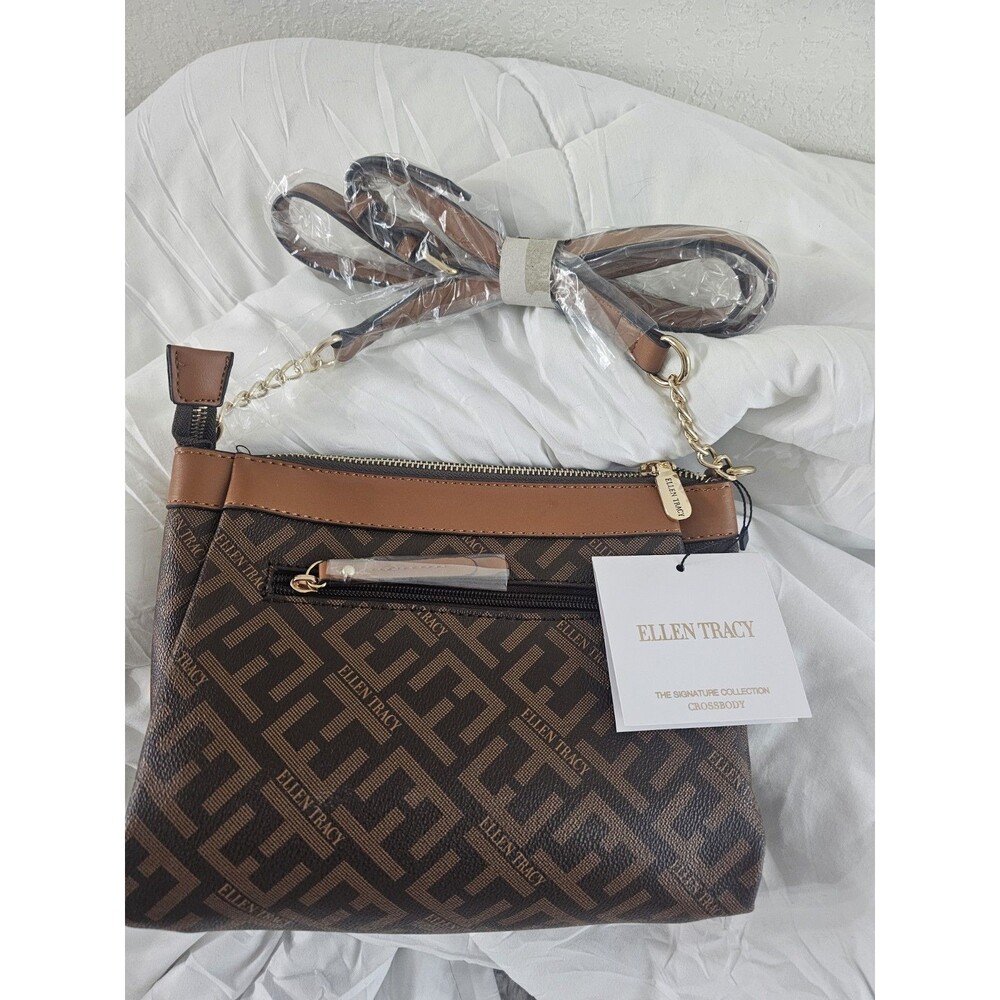 Ellen Tracy Signature Collection Brown Monogram Crossbody Zip Bag Gold Hardware